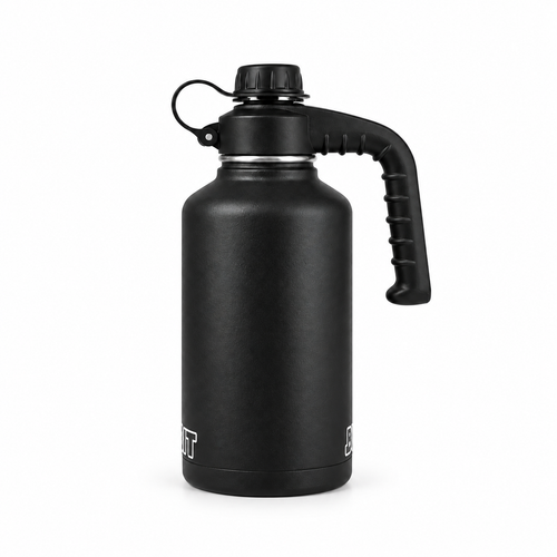 Black BUNDLE-IT 64oz bottle with JUG-IT handle and closed cap, front view on white.
