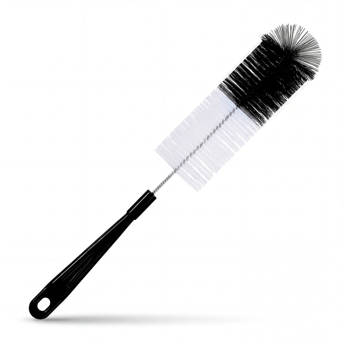 Clean-It bottle cleaning brush with black handle and white and black bristles on a white background.