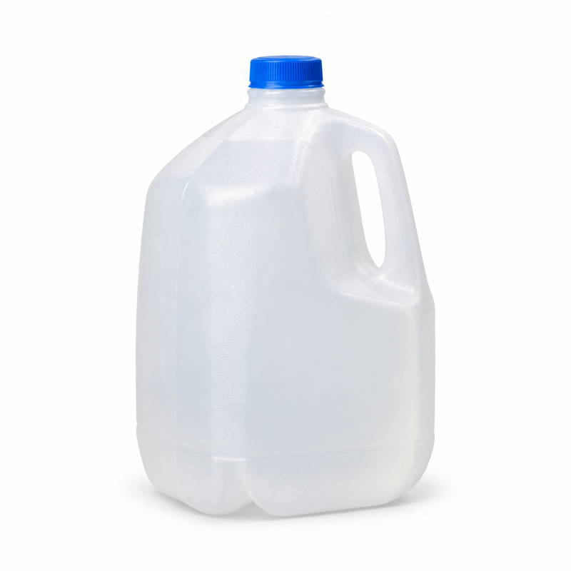 Disposable one-gallon plastic water jug on a white studio background